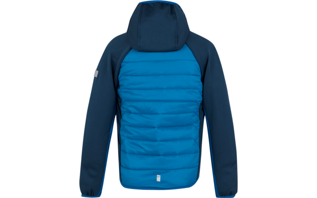 Blauw en donkerblauw doorgestikte jas met capuchon van achteren gezien