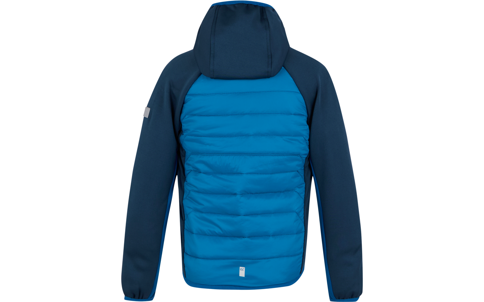 Blauw en donkerblauw doorgestikte jas met capuchon van achteren gezien