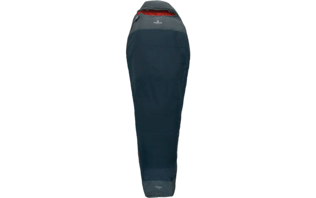 Gesloten donkerblauwe slaapzak met grijze voering en rode trekkoord