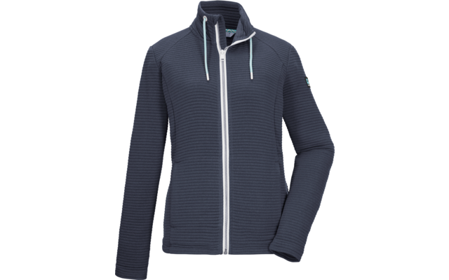 Giacca blu scuro a coste con zip bianca, collo alto, cappuccio con cordini azzurri e maniche lunghe