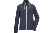 Giacca blu scuro a coste con zip bianca, collo alto, cappuccio con cordini azzurri e maniche lunghe