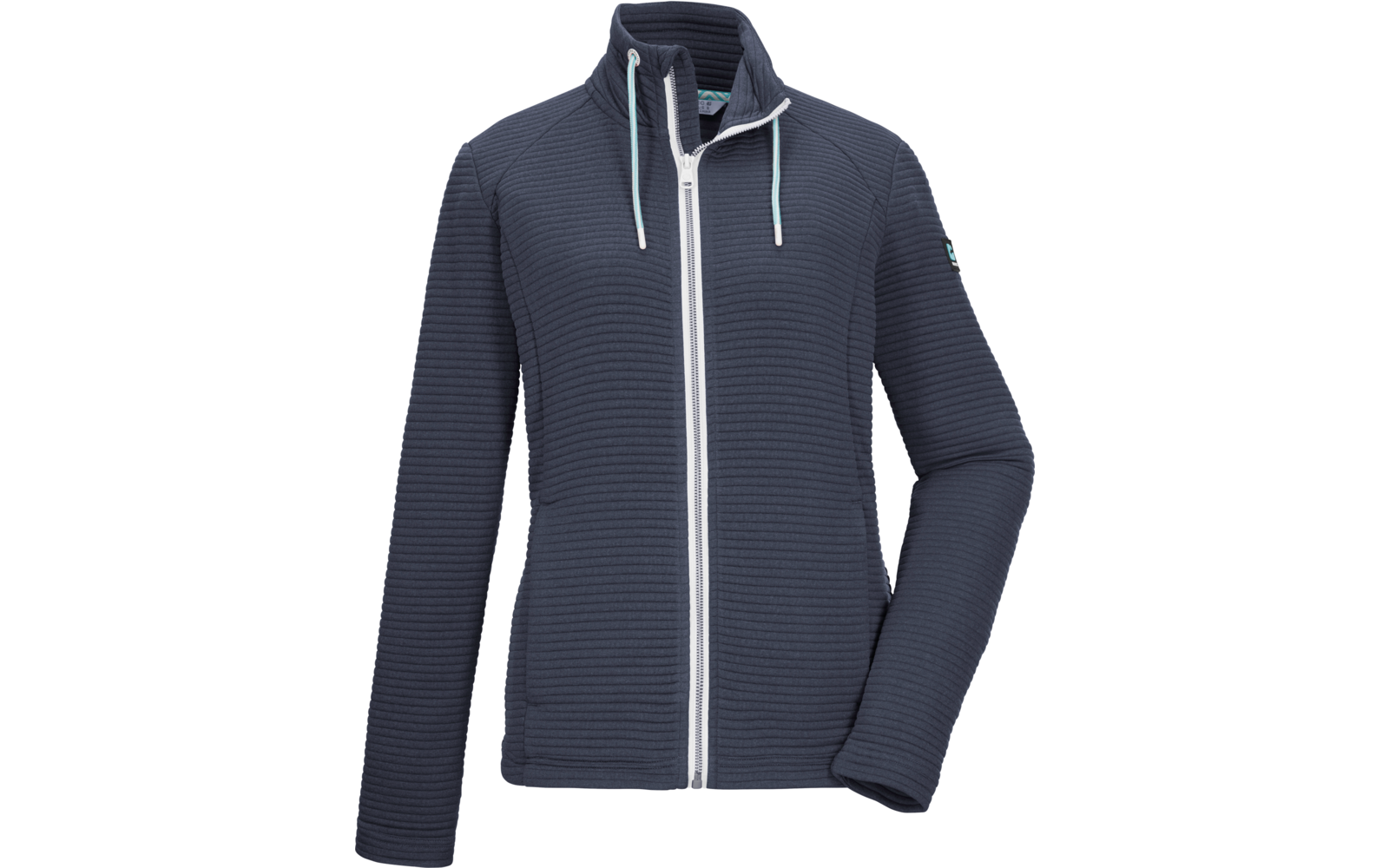 Giacca blu scuro a coste con zip bianca, collo alto, cappuccio con cordini azzurri e maniche lunghe