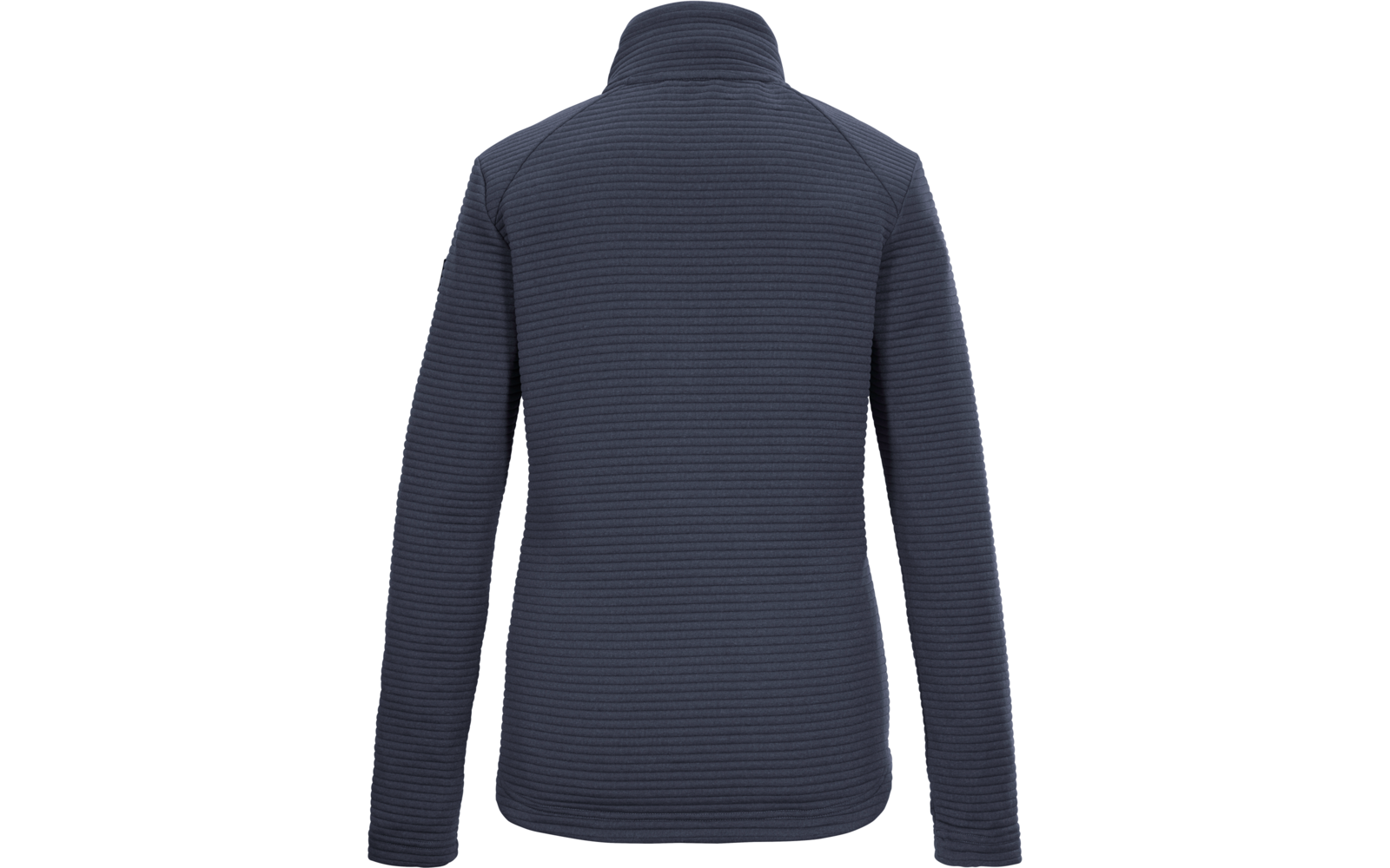 Vista posteriore di una giacca blu scuro con trama a coste orizzontali, collo alto e maniche lunghe