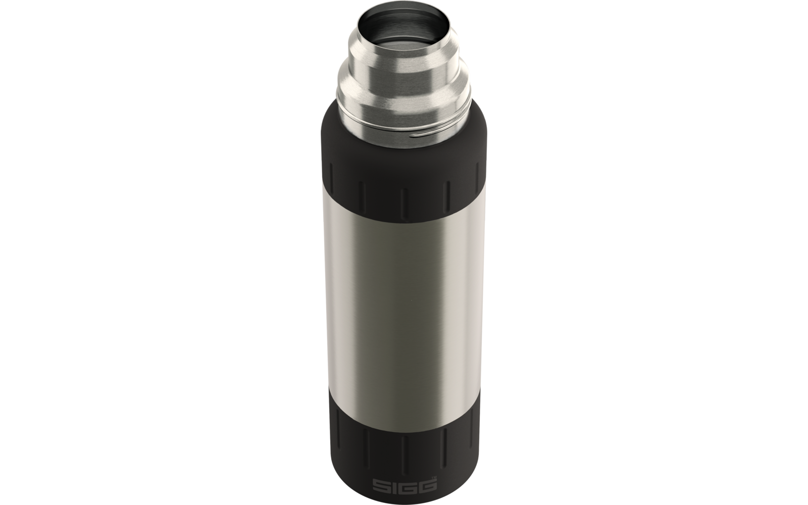 Schwarze und silberne Thermosflasche mit Schraubverschluss, sichtbarer Öffnung und SIGG-Logo am Boden