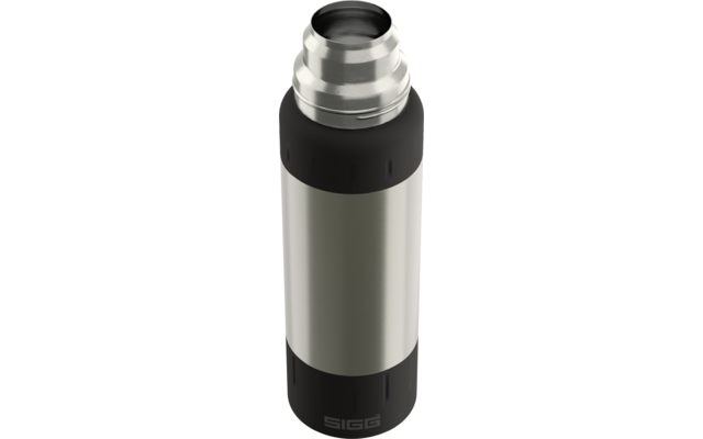 Schwarze und silberne Thermosflasche mit Schraubverschluss, sichtbarer Öffnung und SIGG-Logo am Boden