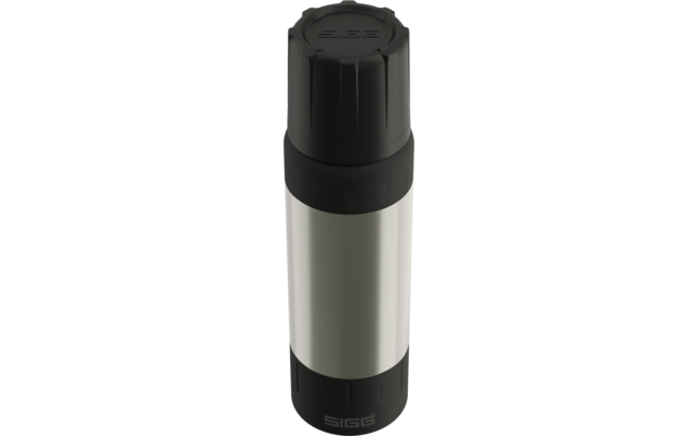 Edelstahl-Thermosflasche mit schwarzem Schraubverschluss und schwarzem Boden, Markenaufdruck 'SIGG' am unteren Rand