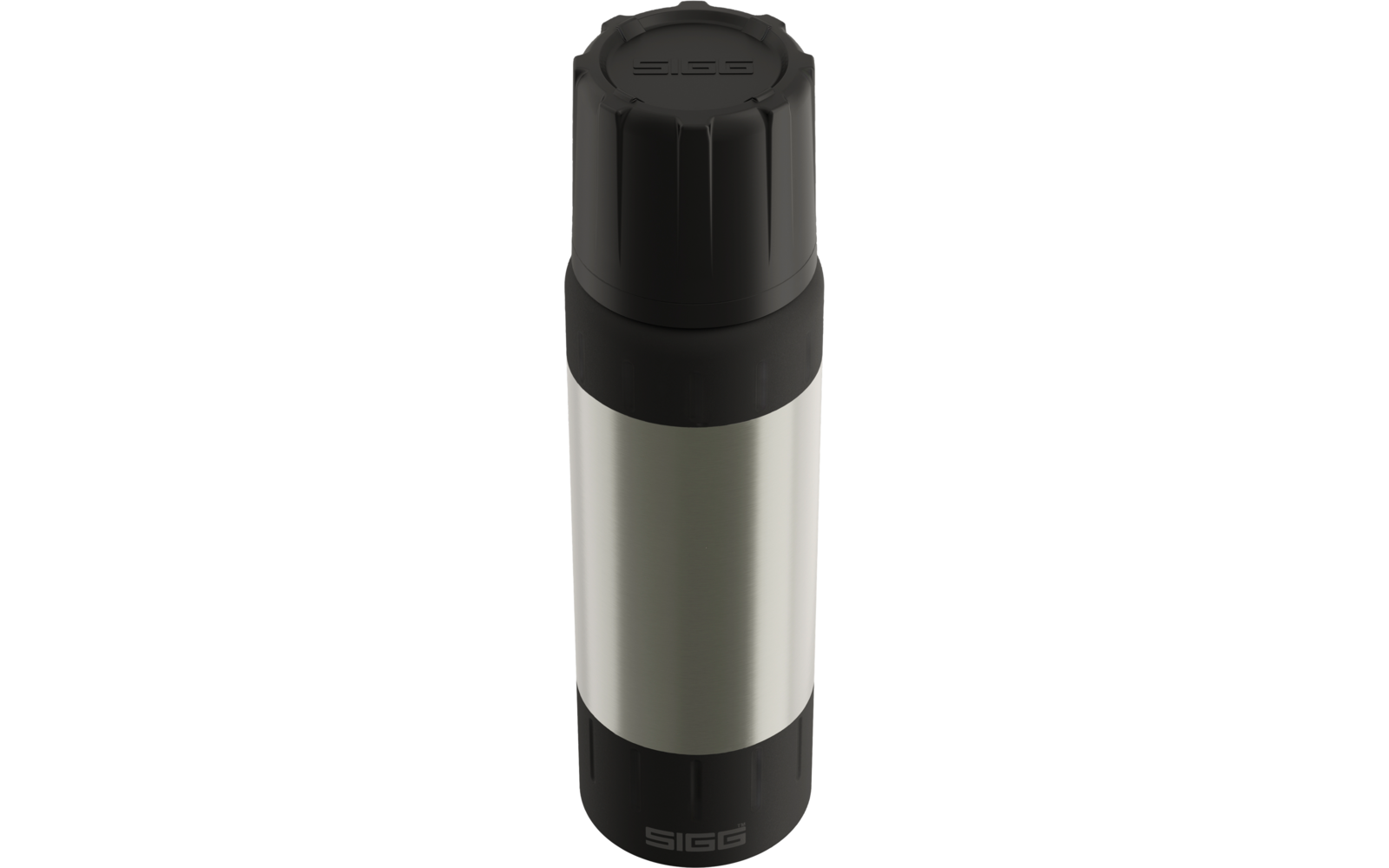 Edelstahl-Thermosflasche mit schwarzem Schraubverschluss und schwarzem Boden, Markenaufdruck 'SIGG' am unteren Rand