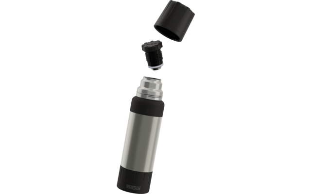 Silberne Isolierflasche mit abgenommenem schwarzem Außendeckel und getrenntem schwarzen Innenstopfen oberhalb der Flasche