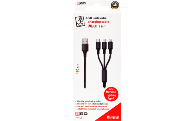 câble de charge 2GO USB 3 en 1 150 cm noir