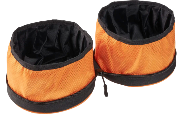 Zwei zusammenklappbare orange-schwarze Futternäpfe aus Stoff