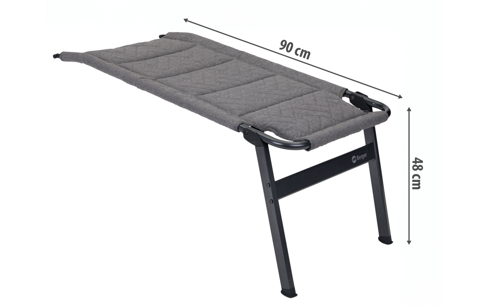 Fußstütze mit grauem gepolstertem Bezug und schwarzen Metallbeinen, Maße 90 x 48 cm