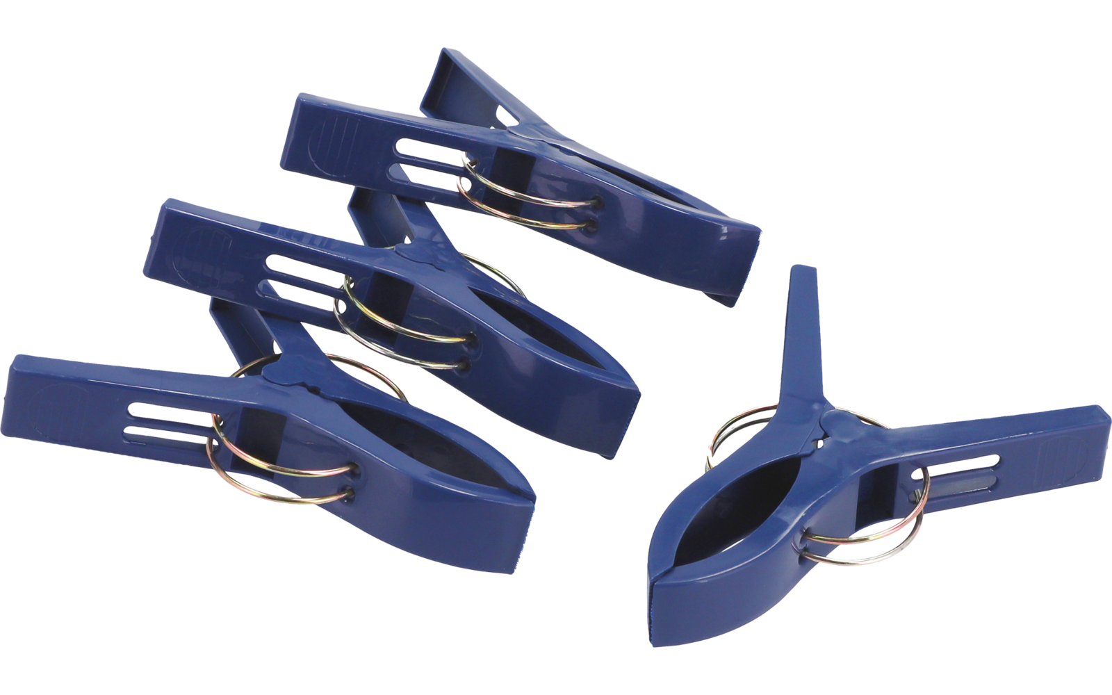 Vier blaue Wäscheklammern aus Kunststoff auf weißem Hintergrund
