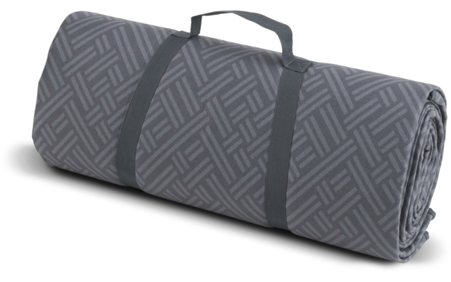 Eine zusammengerollte graue Yogamatte mit Tragegriff