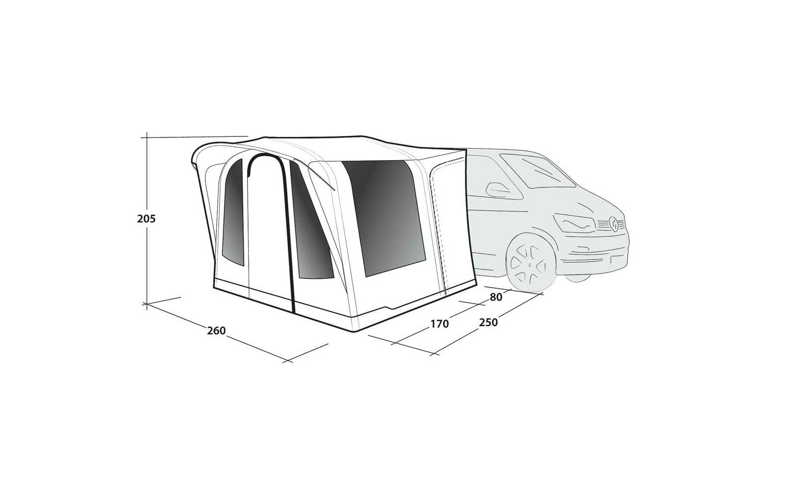 Vorderer Teil eines Autos rechts mit links befestigtem aufblasbarem Vorzelt; Vorzelt mit Fenstern und Reißverschlüssen; Maßangaben 205, 260, 170, 80 und 250 sichtbar