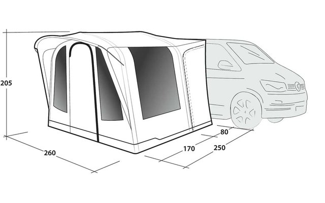 Vorderer Teil eines Autos rechts mit links befestigtem aufblasbarem Vorzelt; Vorzelt mit Fenstern und Reißverschlüssen; Maßangaben 205, 260, 170, 80 und 250 sichtbar