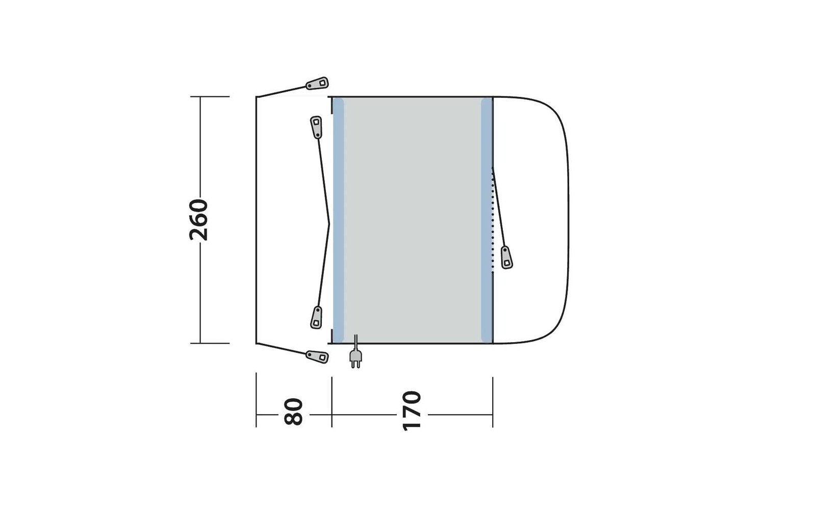 Schematische Draufsicht: zentrales rechteckiges graues Feld mit schmalen blauen Streifen an den Seiten, rechte Seite abgerundet; linke Seite mit abgewinkelten weißen Bereichen und drei kleinen schematischen Befestigungen; Steckersymbol an der Unterka