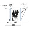 Schematische Seitenansicht eines rechteckigen Zelttuchs mit Maßangaben, links ein Reißverschluss, rechts Abspannseile und dreieckige Erweiterung, in der Mitte drei schwarze Personen-Silhouetten; Zahlen 175-200, 205, 70, 195, 80, 170, 250