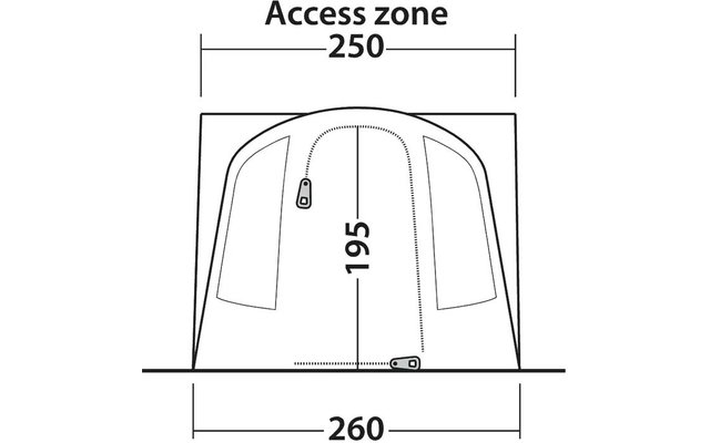 Frontansicht einer skizzierten Form mit gebogenem Oberrand, zwei rechteckigen Seitenpaneelen, zwei Reißverschluss-Symbolen, zentraler vertikaler Maßlinie mit '195', oberer Beschriftung 'Access zone 250' und unterer Maßangabe '260'