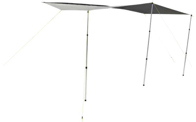 Two rectangular dark gray fabric panels connected and stretched on four segmented metal poles with visible guy lines on a white background