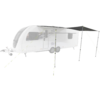 White caravan with extended awning, four support poles and guy lines