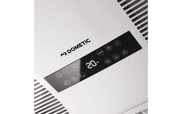 Schwarzes Bedienfeld mit DOMETIC-Logo, digitaler Anzeige "20°" und Symboltasten auf weißer Gehäuseoberfläche mit Lüftungsgittern