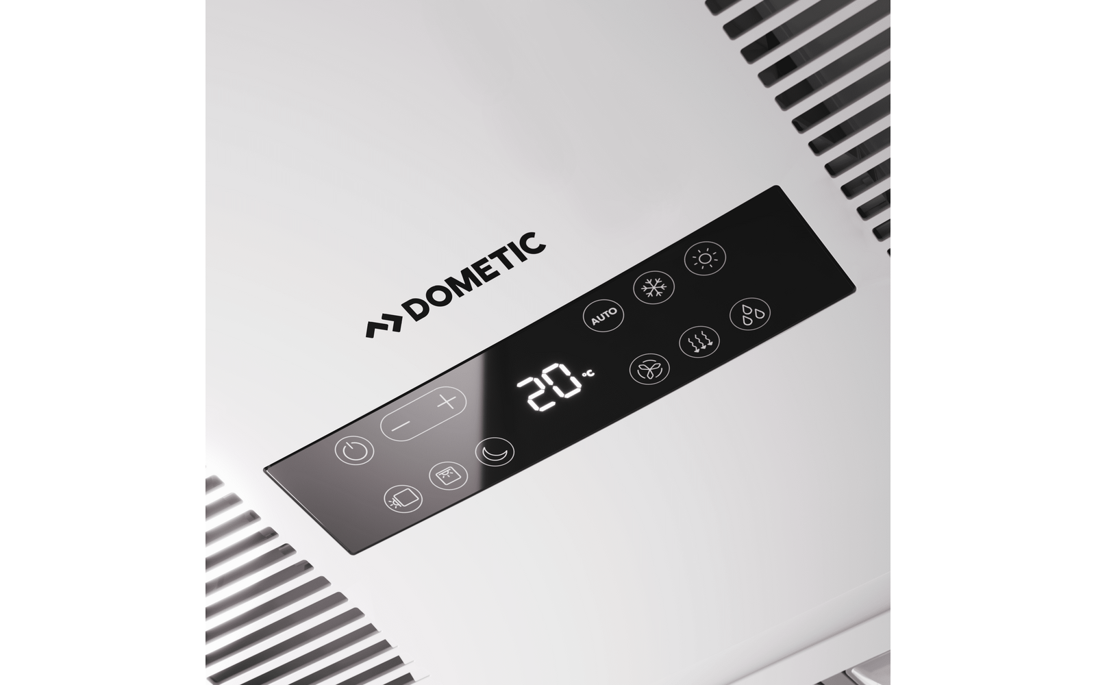 Schwarzes Bedienfeld mit DOMETIC-Logo, digitaler Anzeige "20°" und Symboltasten auf weißer Gehäuseoberfläche mit Lüftungsgittern