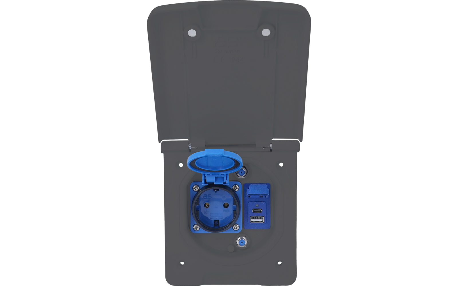 Graues rechteckiges Gehäuse mit geöffnetem Klappdeckel; innen eine runde blaue Steckdose mit offenem Klappverschluss; rechts ein blaues Modul mit zwei rechteckigen Anschlussöffnungen; unter der Steckdose eine kleine runde Schraube
