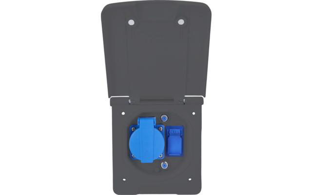 Geöffnetes dunkelgraues Gehäuse mit klappbarer Abdeckung; innen ein blauer runder Deckel mit Scharnier und rechts ein blauer rechteckiger Deckel; sichtbare Schrauben