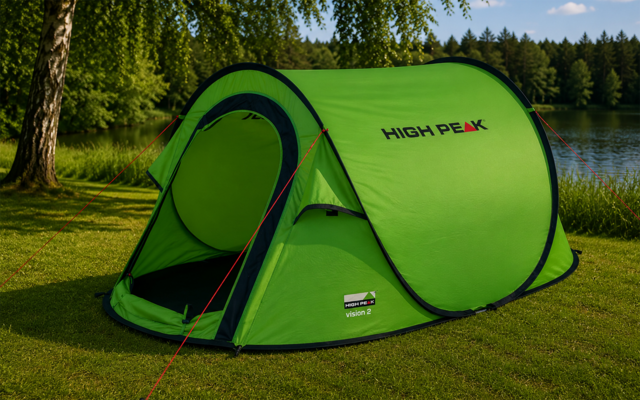 Grünes Pop-up-Zelt mit offenem runden Eingang und Schriftzug "HIGH PEAK", auf Rasen neben einem See, Bäume und blauer Himmel im Hintergrund