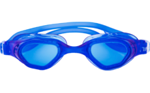 Blaue Schwimmbrille auf weißem Hintergrund