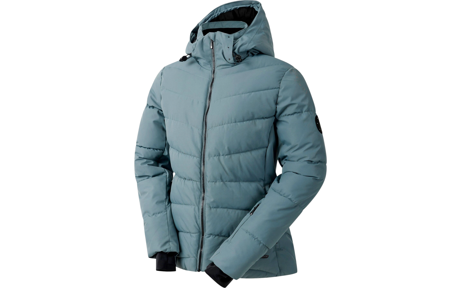 Hellblaue, gesteppte Winterjacke mit Kapuze auf weißem Hintergrund