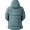 Rückansicht einer blauen, wattierten Jacke mit Kapuze