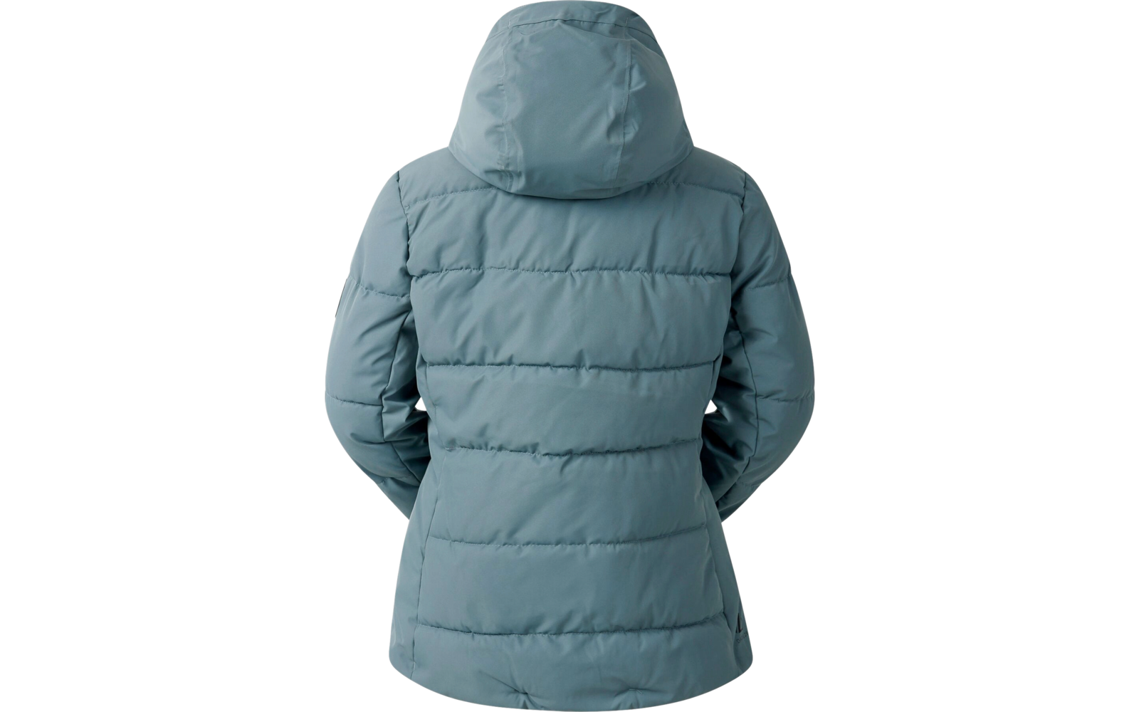 Rückansicht einer blauen, wattierten Jacke mit Kapuze
