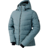 Hellblaue, gesteppte Winterjacke mit Kapuze auf weißem Hintergrund