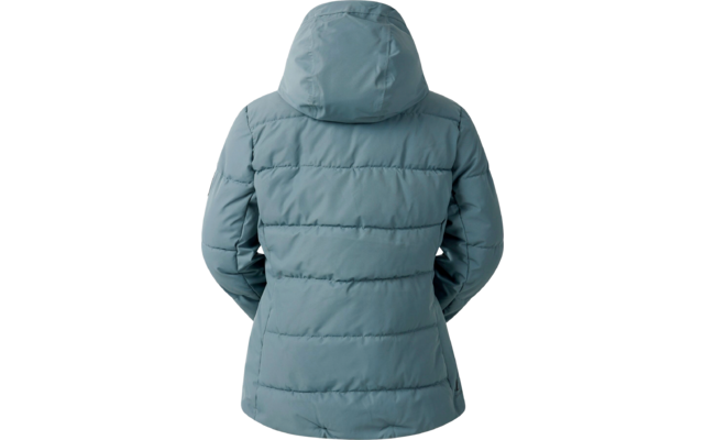 Rückansicht einer blauen, wattierten Jacke mit Kapuze