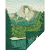 Illustration von Bergen, Bäumen und einem Fluss unter einem bewölkten Himmel