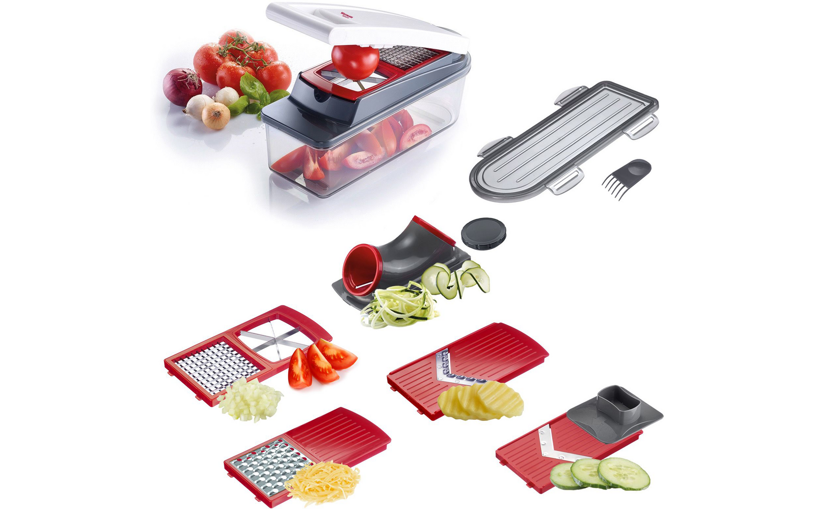Several red and gray kitchen slicer and grater attachments, a transparent container with tomato slices, whole tomatoes, an onion and garlic, cucumber slices and spiralized zucchini