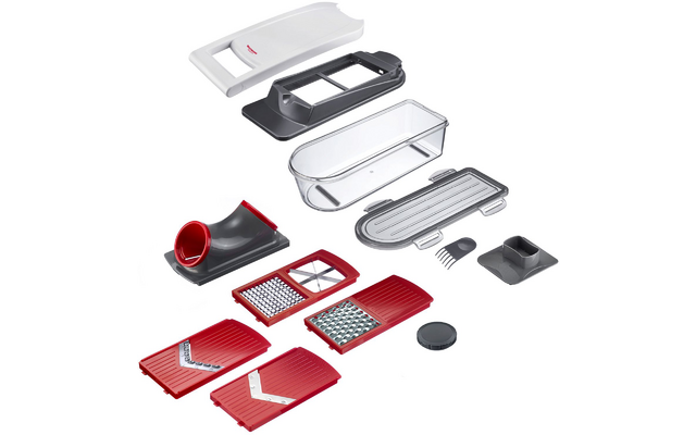 Several red and gray flat parts in various shapes, a transparent rectangular container, several silver-colored inserts with ridged edges, a round black piece and a gray holding element on a white background