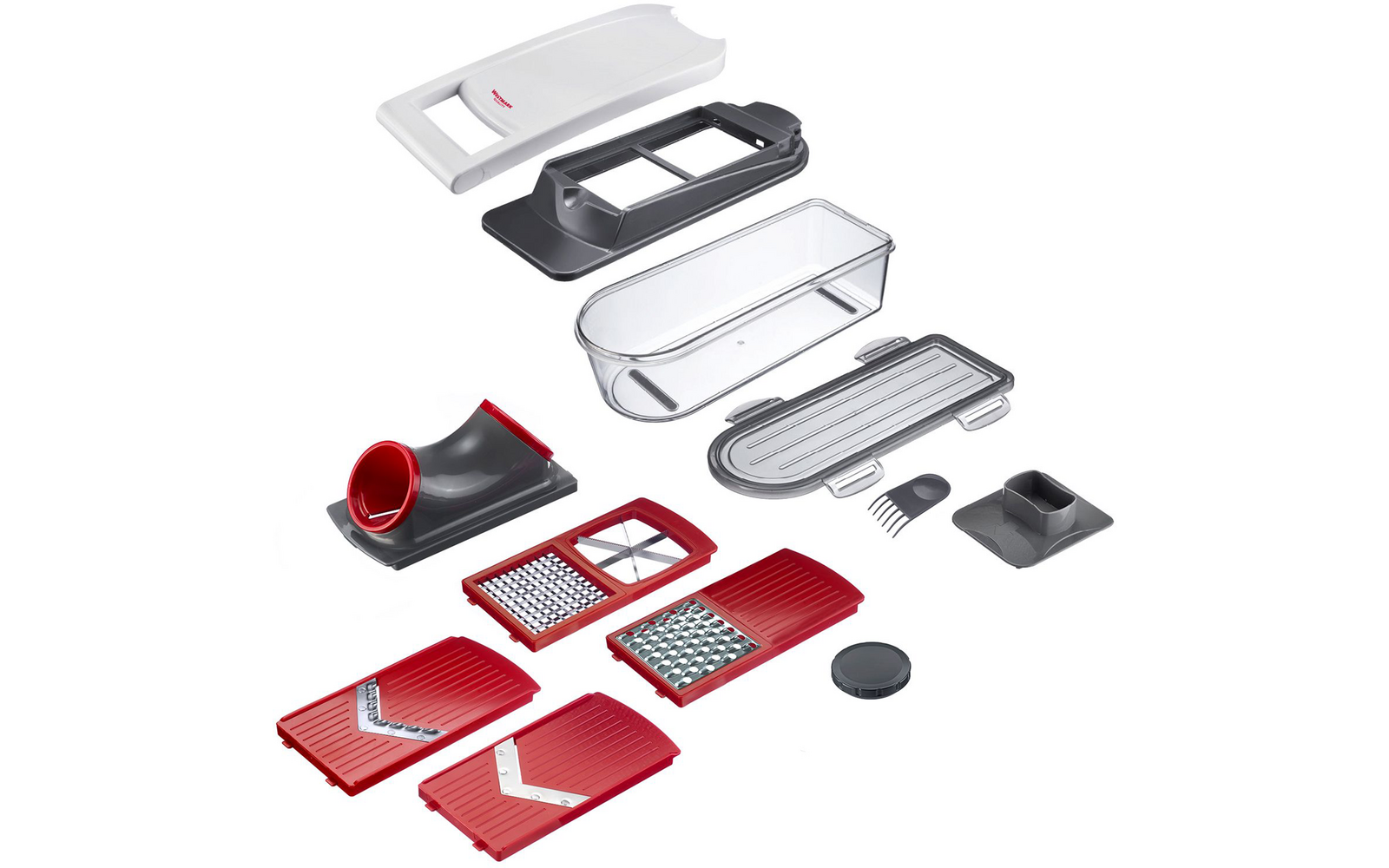 Several red and gray flat parts in various shapes, a transparent rectangular container, several silver-colored inserts with ridged edges, a round black piece and a gray holding element on a white background