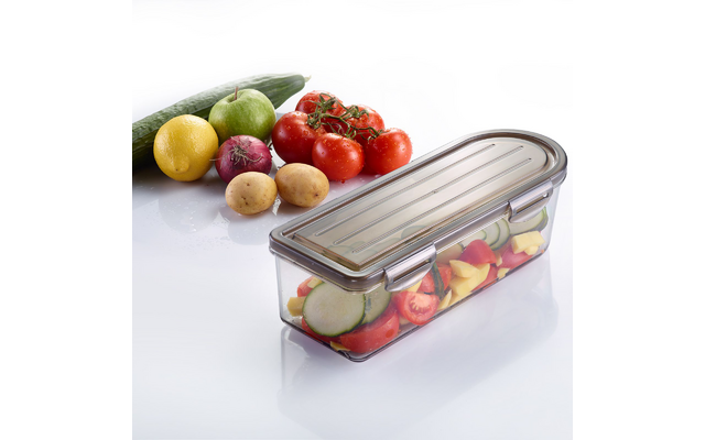 Transparent rectangular plastic container with sliced vegetables (zucchini, tomatoes, yellow and red bell pepper) in front; in the background a cucumber, green apple, lemon, red onion, two potatoes and a cluster of vine tomatoes