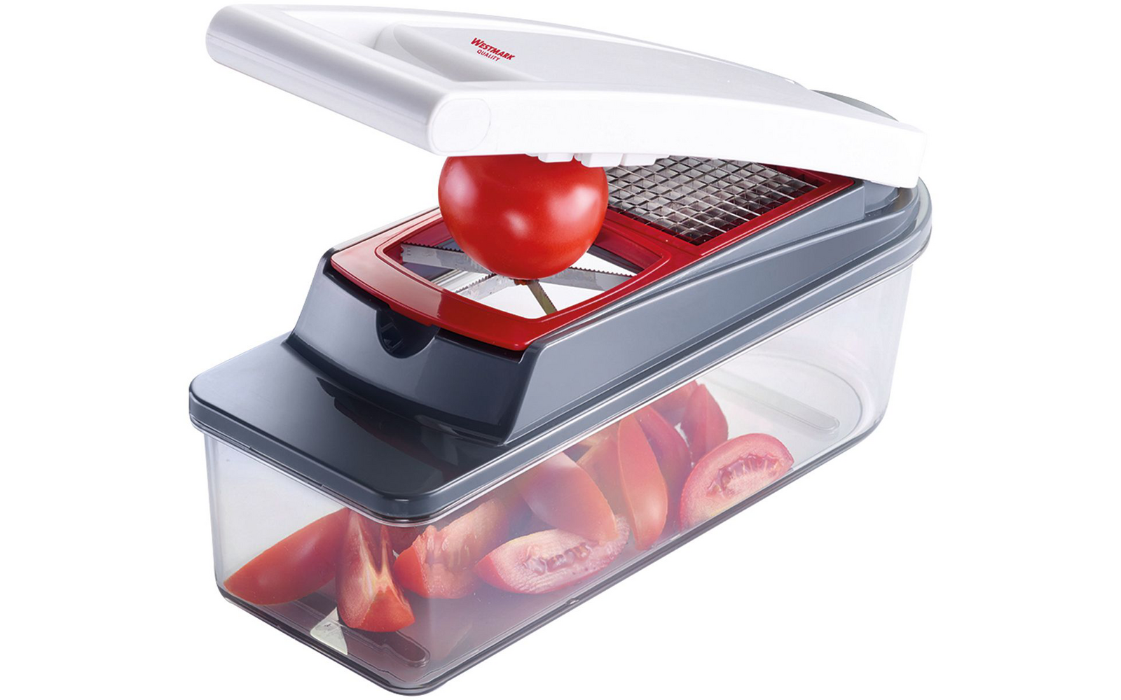 White and gray vegetable chopper with red insert; a red tomato is pressed through a grid; transparent container holding tomato wedges