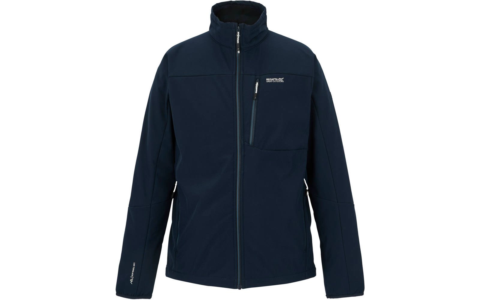 Dunkelblaue Softshell-Jacke, Frontalansicht, durchgehender Reißverschluss, Stehkragen, links eine Brusttasche mit Reißverschluss, zwei seitliche Reißverschlusstaschen, kleines Markenlogo auf der Brust