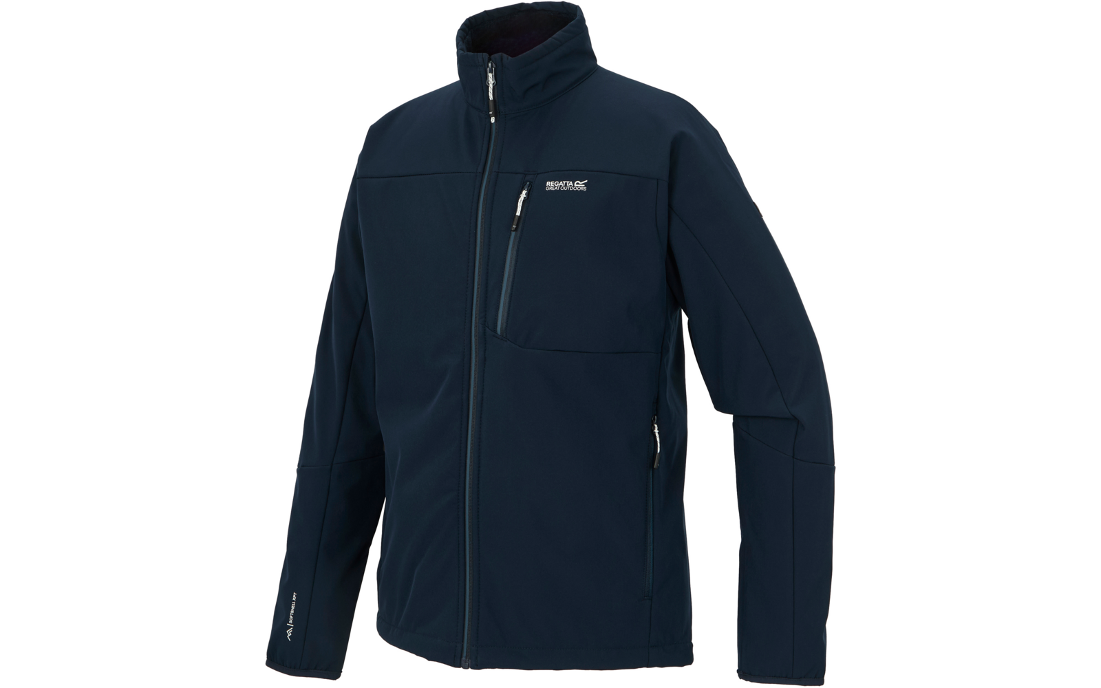 Dunkelblaue Jacke mit Frontreißverschluss, Stehkragen, Brusttasche mit Reißverschluss, zwei seitlichen Reißverschlusstaschen und sichtbarem Logo auf der Brust