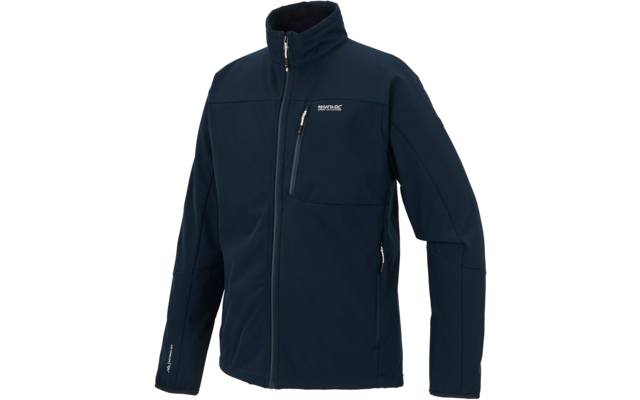 Dunkelblaue Jacke mit Frontreißverschluss, Stehkragen, Brusttasche mit Reißverschluss, zwei seitlichen Reißverschlusstaschen und sichtbarem Logo auf der Brust