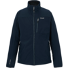 Dunkelblaue Softshell-Jacke, Frontalansicht, durchgehender Reißverschluss, Stehkragen, links eine Brusttasche mit Reißverschluss, zwei seitliche Reißverschlusstaschen, kleines Markenlogo auf der Brust