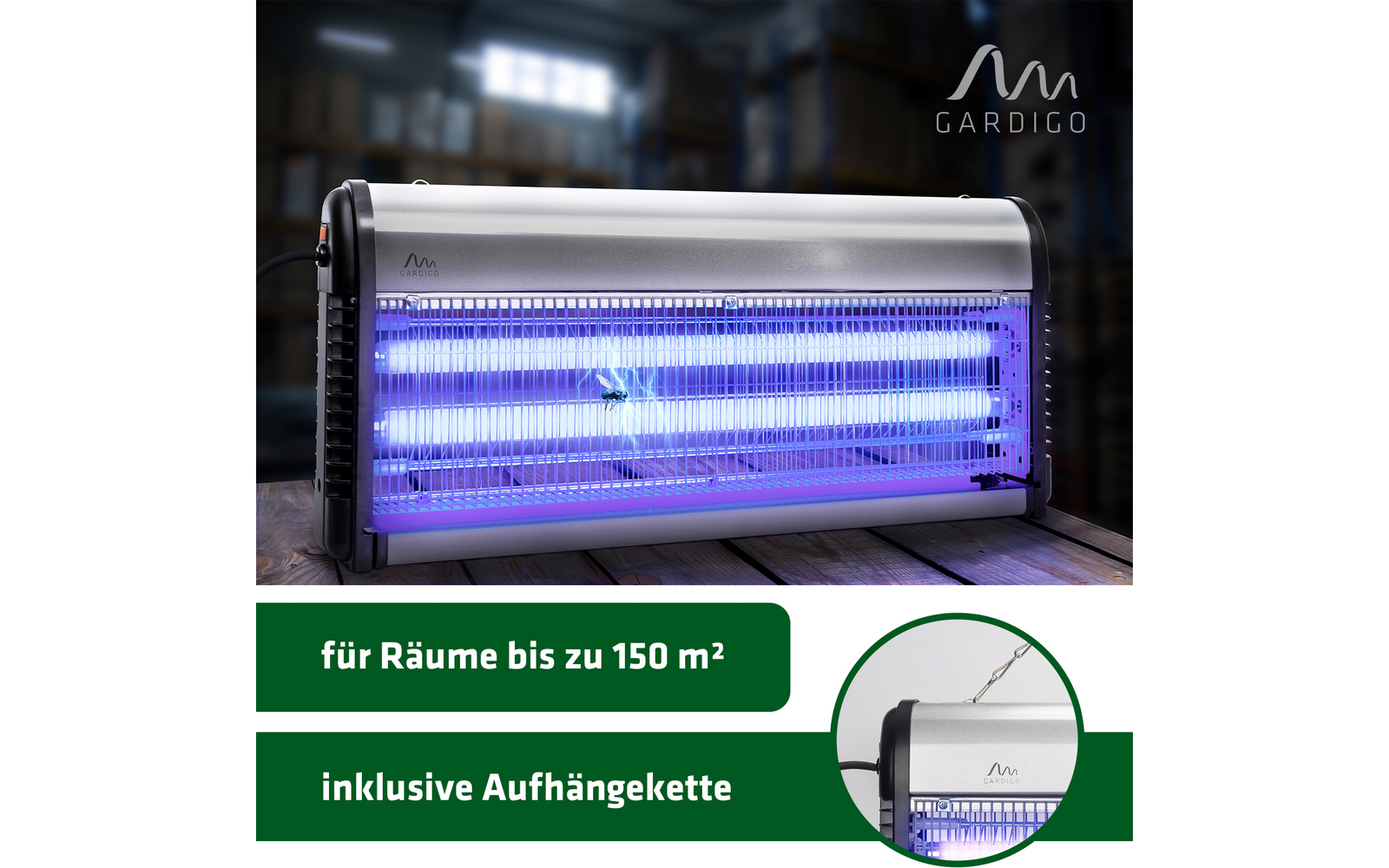 Elektrische UV-Lampe zur Insektenbekämpfung mit integrierter Aufhängekette
