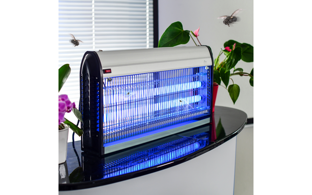 UV-Insektenvernichter mit leuchtenden blauen Röhren auf schwarzem Tisch, Pflanzen im Hintergrund