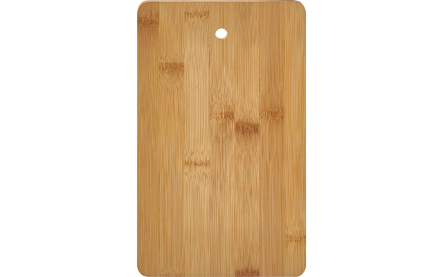 Rectangular bamboo board with rounded corners and a round hole near the top, white background