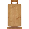 Light bamboo cutting board with rounded corners and handle cutout, standing upright on a matching wooden stand