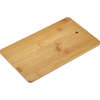 Light rectangular bamboo board with rounded corners and small hole on a white background